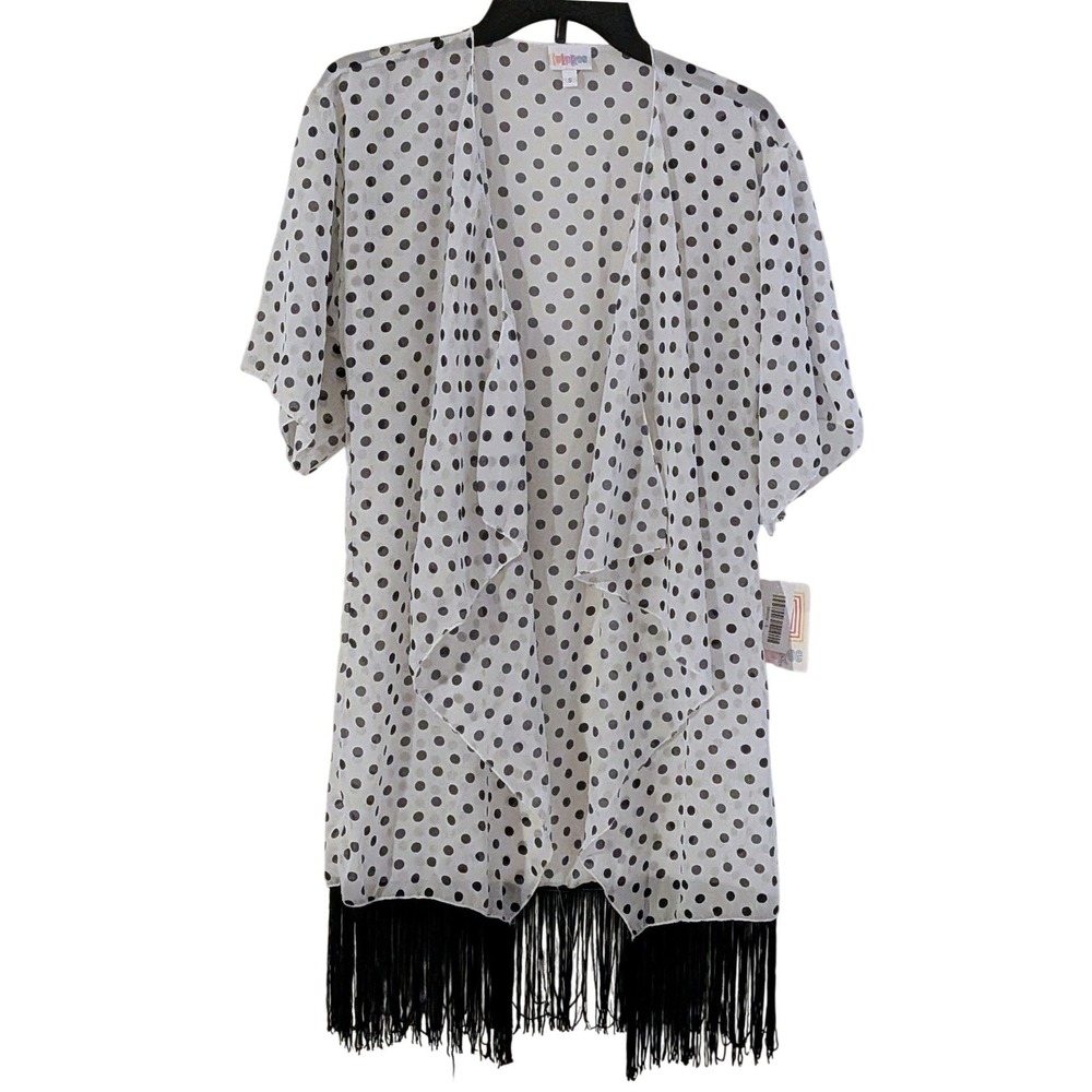 LuLaRoe Monroe Kimono Small White Black Polka‎ Dot Fringe Sheer Wrap NWT Boho